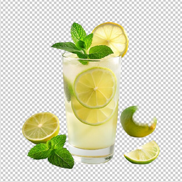 PSD psd of a glass of lemonade drink with a lime slice on transparent background