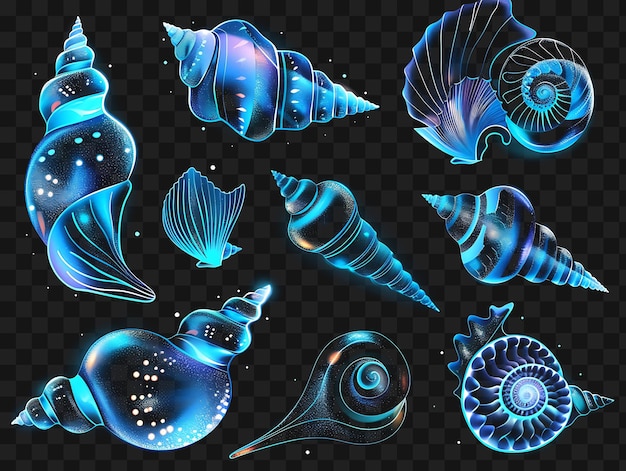 PSD psd of glowing blue lagoon swirling and intermingling seashells in y2k glow neon outline design