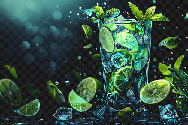 PSD psd of glowing silver mojito with muddled mint leaves and lime wedg y2k glow neon outline design