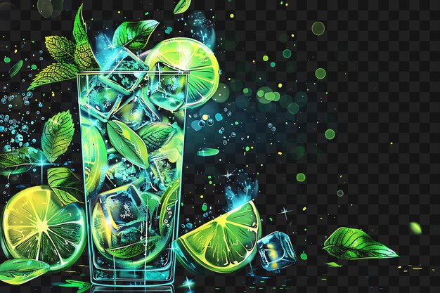 PSD psd of glowing silver mojito with muddled mint leaves and lime wedg y2k glow neon outline design