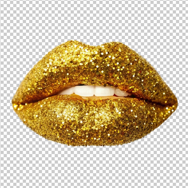 Psd di labbra luccicanti d'oro su sfondo trasparente