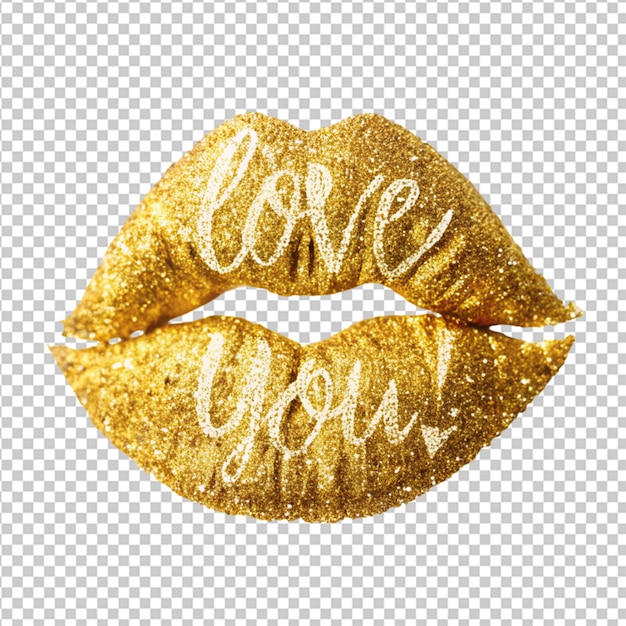 PSD psd of a gold glitter lips with love you design on transparent background