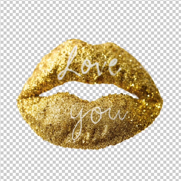 Psd of a gold glitter lips with love you design on transparent background