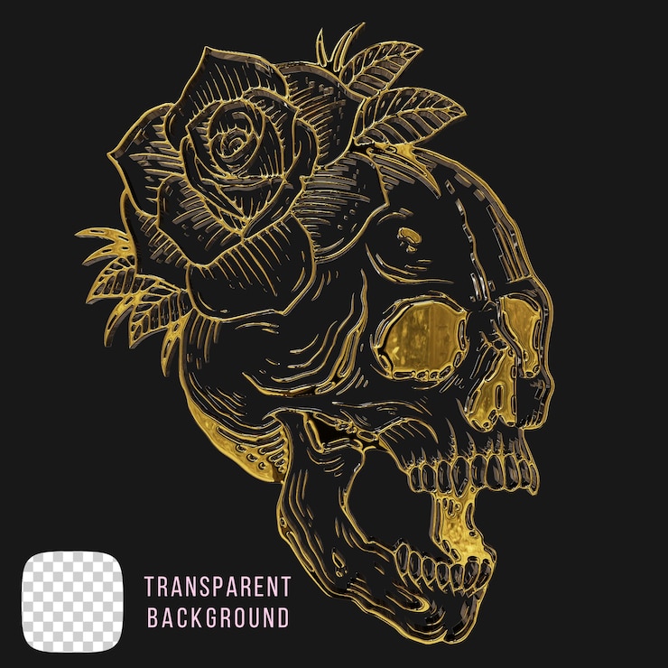 PSD psd gold metal skull and flower shapes 3d rendering