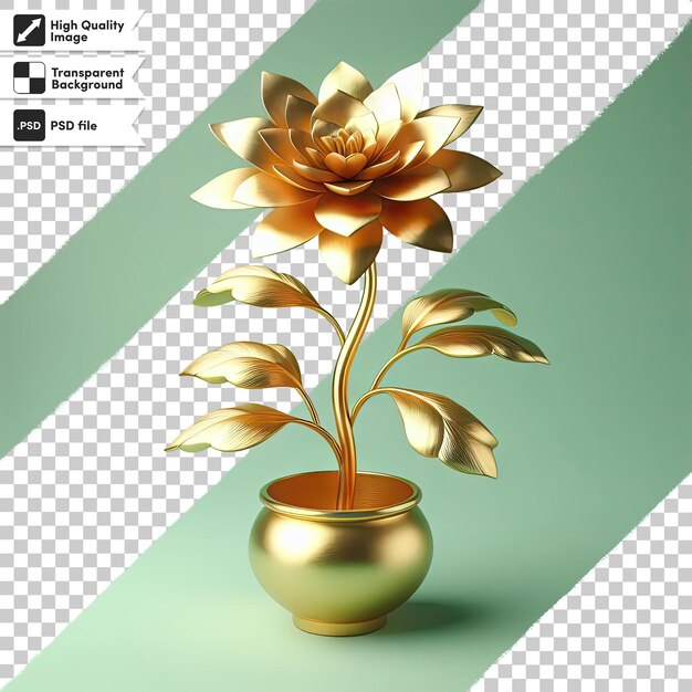 Psd golden flower in a vase on transparent background