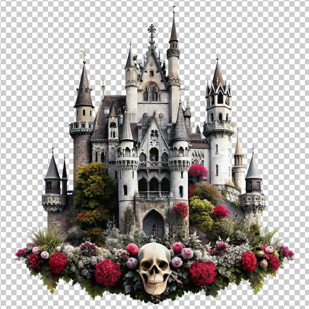 Psd of a gothic castle with skulls and flowers on transparent background