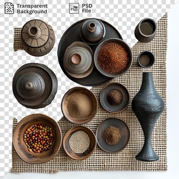 Psd gourmet ethiopian cooking set featuring a variety of bowls including a brown bowl a black and brown bowl and a black vase