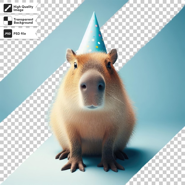 Psd grappige capybara met feesthoed op transparante achtergrond