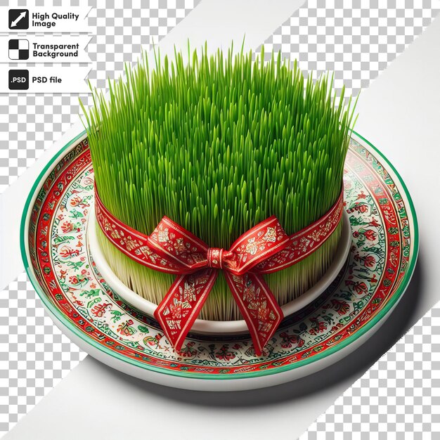 PSD psd gratulacje na nowruz ze świeżym i świątecznym zielonym kiełkiem zioła na talerzu związanym z czerwonym