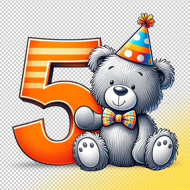 PSD psd gray teddy bear with the number five on transparent background