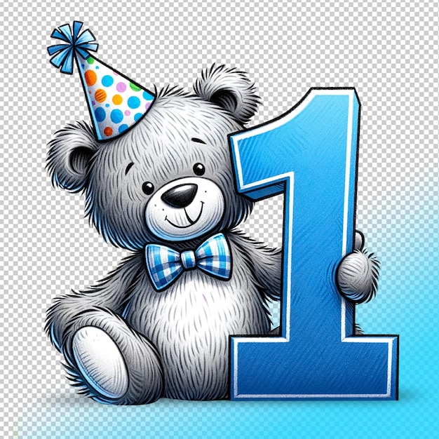PSD gray teddy bear with the number one on transparent background