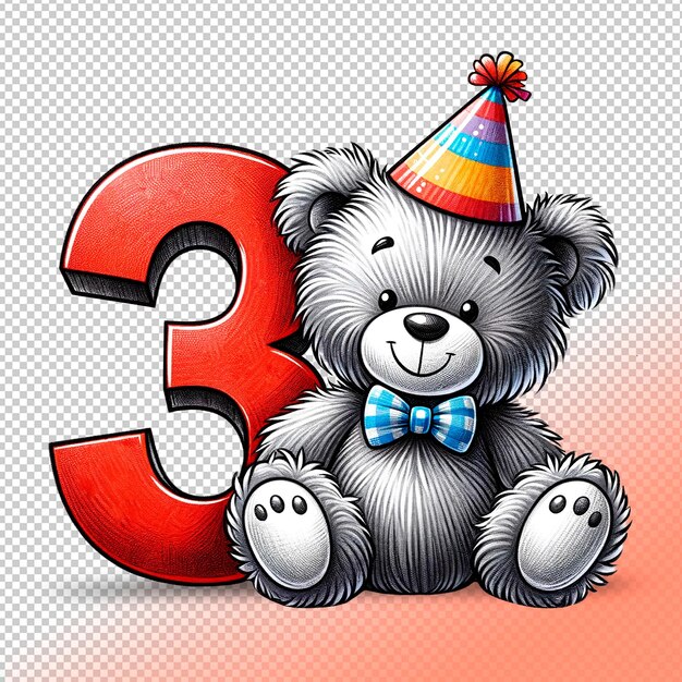 PSD gray teddy bear with the number three on transparent background