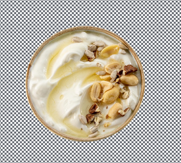 PSD psd greek yogurt with honey syrup and nuts isolated on transparent background