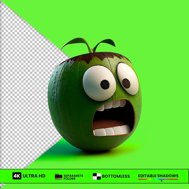 Psd зеленого кокосового смайлика с открытым ртом и широко открытыми глазами 3d визуализация