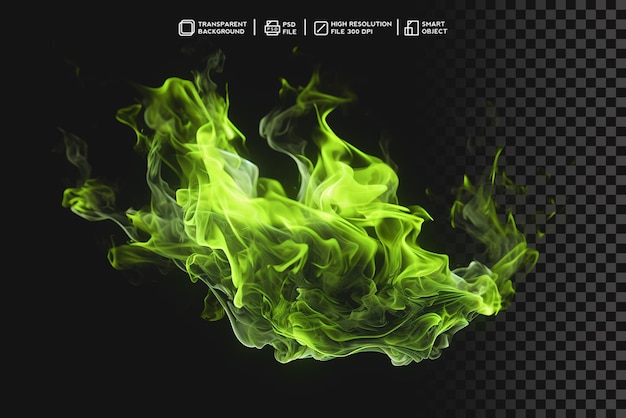 PSD psd green fire flames in isolated transparent background