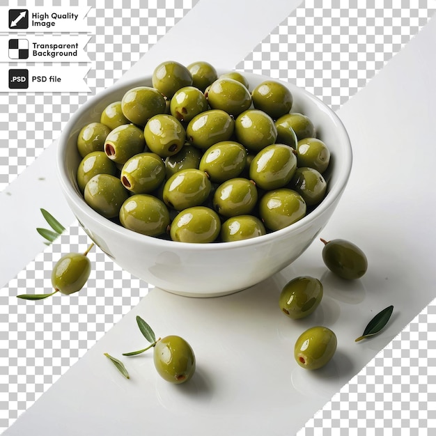 PSD psd green olives in a bowl on transparent background with editable mask layer