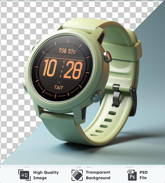 PSD psd a green watch with a digital display displaying the time and date