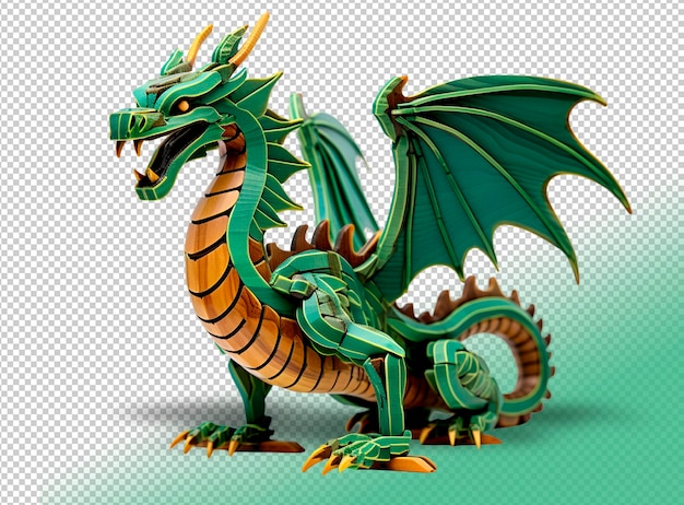 PSD psd green wooden dragon statuette on a transparent background