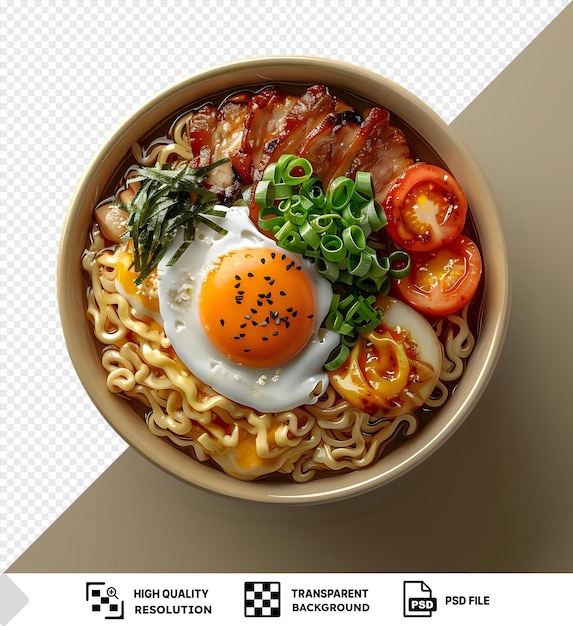 Psd gyudoni noodles topped with a sunny side up egg and sliced tomato served in a white bowl with a black shadow in the background