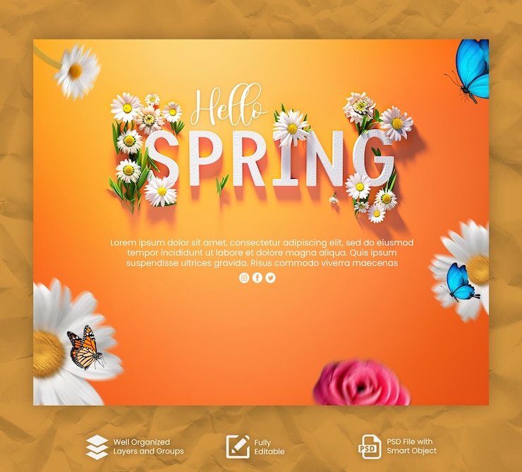 PSD psd hallo lente groet post ontwerp sjabloon met bewerkbare hallo lente tekst lente achtergrond