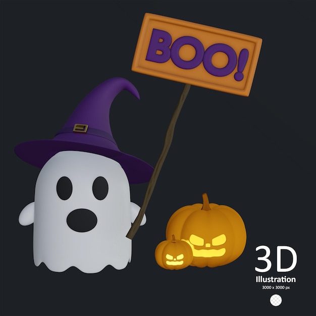 PSD halloween cartoon ghost happy halloween concept 3d render illustration