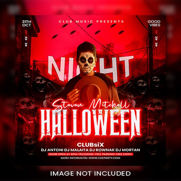 Psd modello di volantino quadrato sfondo rosso night club horror infestato di halloween