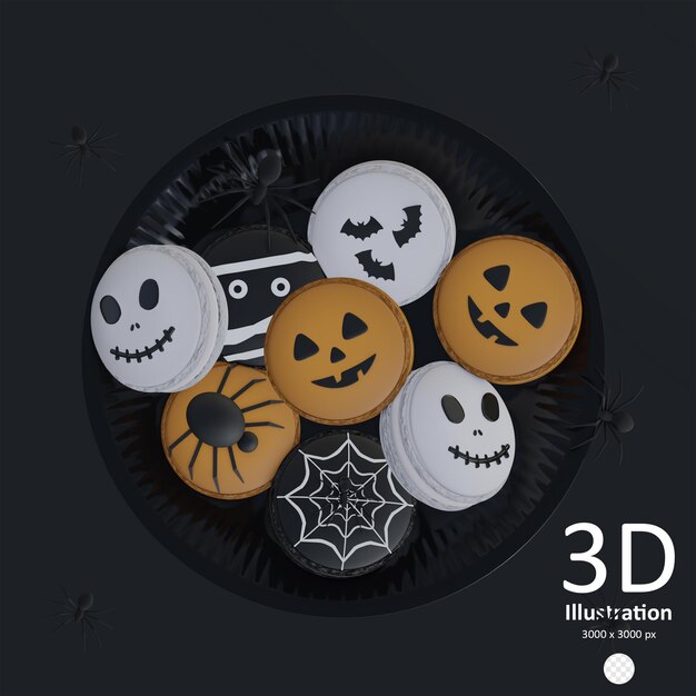 PSD psd halloween themed macarons with intricate designs on the black plate