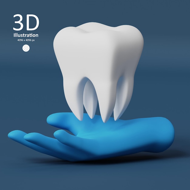 PSD hand in blauwe handschoen met witte tand 3d gerenderde icoon stomatologie en tandheelkunde concept