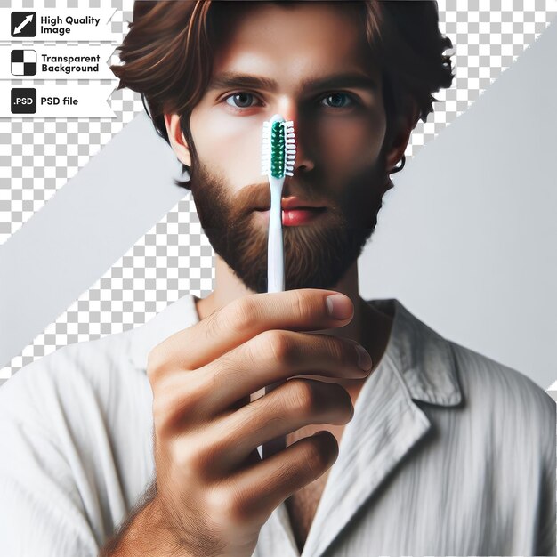 PSD hand with toothbrush on transparent background with editable mask layer