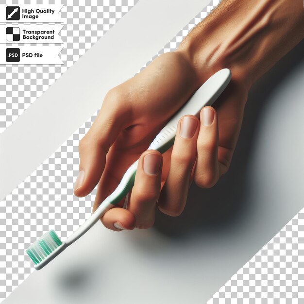 PSD psd hand with toothbrush on transparent background with editable mask layer