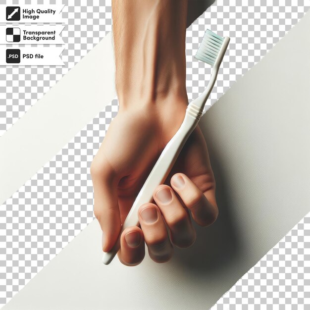 PSD psd hand with toothbrush on transparent background with editable mask layer