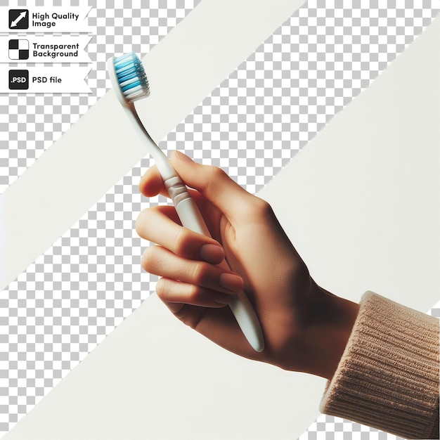 Psd hand with toothbrush on transparent background with editable mask layer