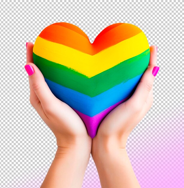 PSD mani psd che tengono un cuore nei colori dell'arcobaleno lgbt su uno sfondo trasparente