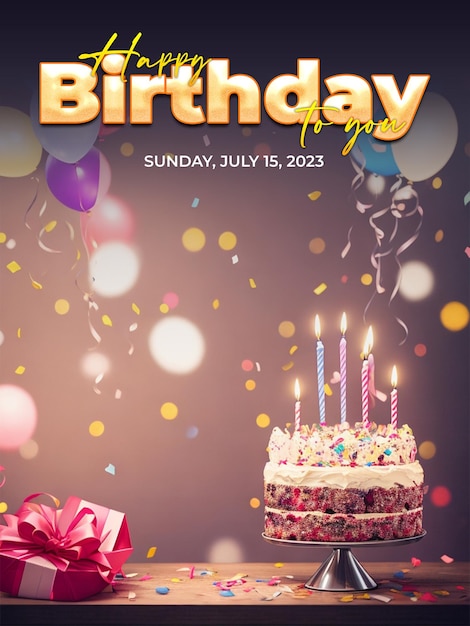 Psd happy birthday poster with balloons delicious birthday cake and gift box background