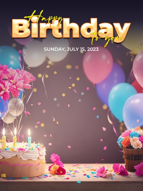 PSD psd happy birthday poster with balloons delicious birthday cake and gift box background