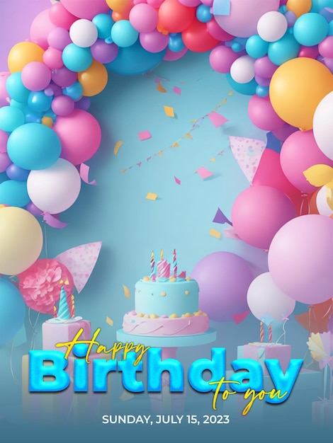 Psd happy birthday poster with balloons delicious birthday cake and gift box background