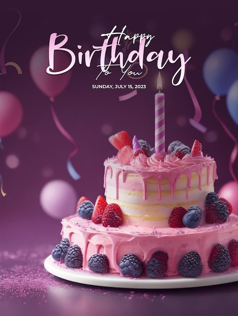 Psd happy birthday poster with delicious birthday cake background