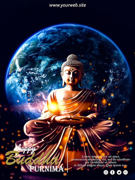 Psd felice poster di buddha purnima con buddha e terra