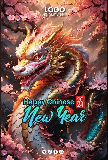 Psd happy chinese new year 2024 the dragon zodiac sign with flowerlanternasian elements