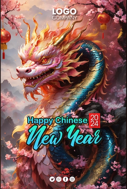 PSD psd happy chinese new year 2024 the dragon zodiac sign with flowerlanternasian elements