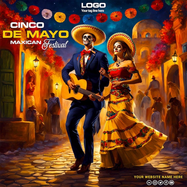 PSD psd happy cinco de mayo koncepcja z dorosłymi tańczącymi muzyką mariachi w tle