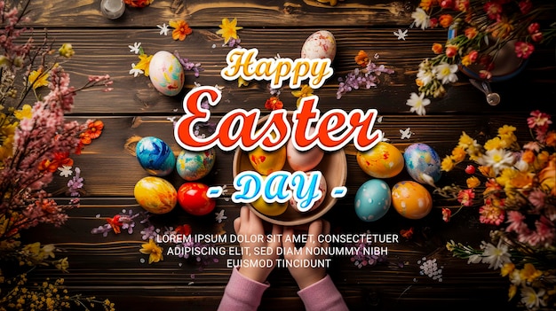 PSD happy easter day poster template with a background of colorful eggs and rabbits in the meadow