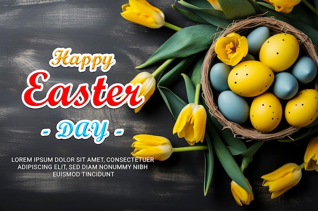 PSD happy easter day poster template with a background of colorful eggs and rabbits in the meadow