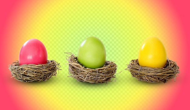 Psd felice giorno di pasqua con uova colorate nel nido di paglia