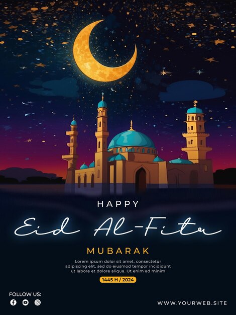 PSD psd happy eid alfitr poster sjabloon met achtergrond van moskee