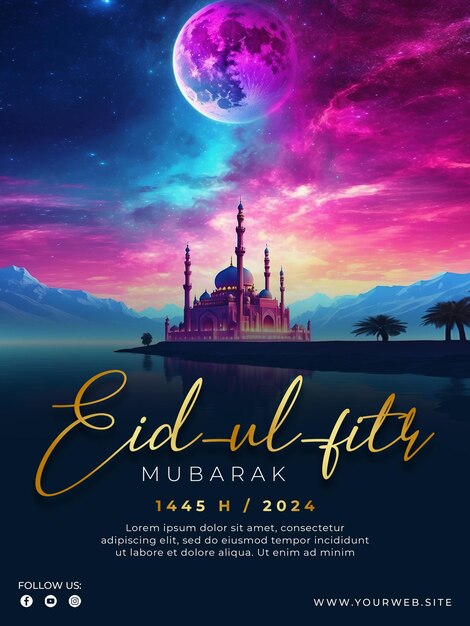 Modello di poster psd per l'eid al-fitr con sfondo di moschea