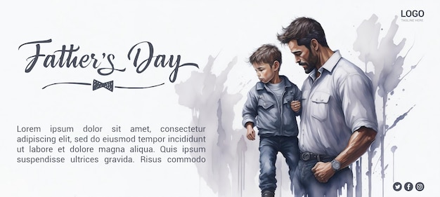 PSD psd happy fathers day banner fathers day banner with father and son watercolor painting