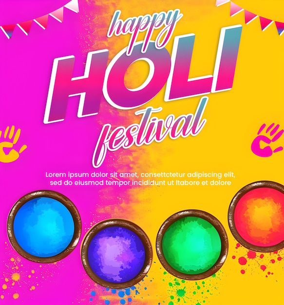 PSD Happy Holi Celebration with Colorful paint Explosion with gulal and editable Holi text