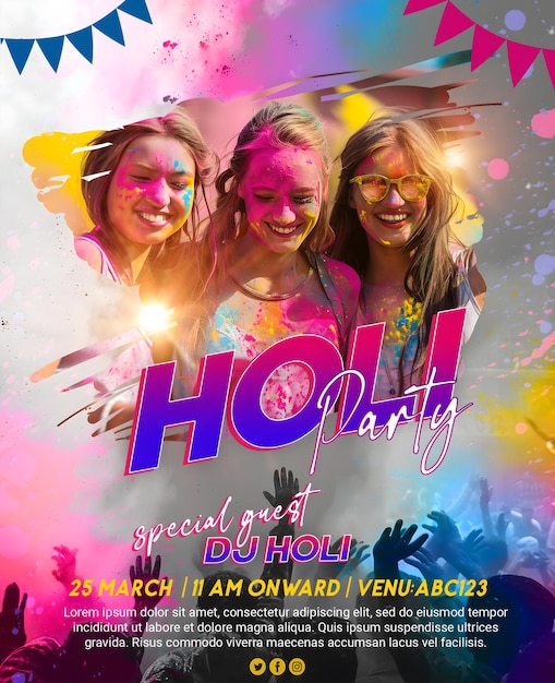 Psd happy holi dj party invitation card e pass design con testo modificabile happy holi poster