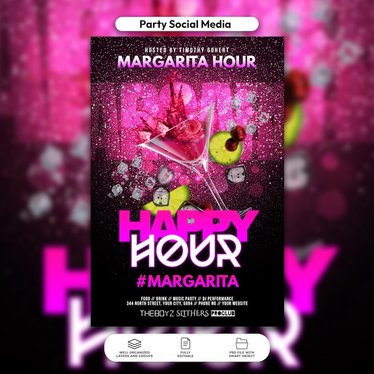 PSD psd happy hour margarita flyer and social media post template